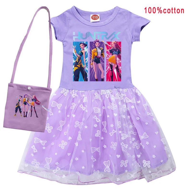 KPop Demon Hunters Rumi Dress Kids Summer Dress Baby Girl's Casual Dresses & Bag 2pcs Sets Lovely Wedding Party Princess Vestido