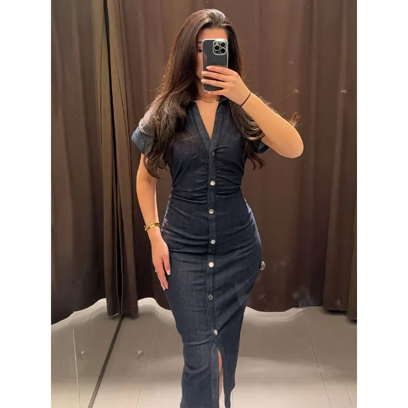 Nouvelles robes longues 2025 Femme Mode Été Col en V Simple Breasted Slim Fit Jupes en jean Vêtements pour femmes Hauts