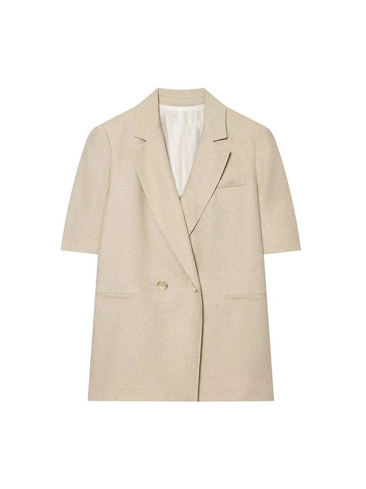 2026 Veste blazer pour femmes Costume Élégant à manches courtes à double boutonnage Vestes ajustées Pantalon droit Ensemble de navetteur pour femme