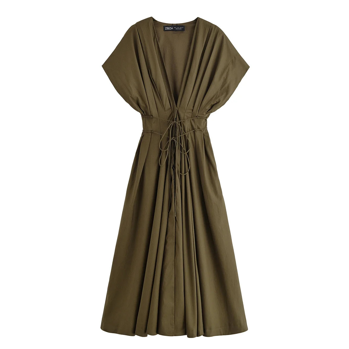 HH Femmes Nouvelle mode Col en V Plissée Épaule Robe mi-longue à manches courtes Tempérament féminin Robe longue décontractée à taille haute