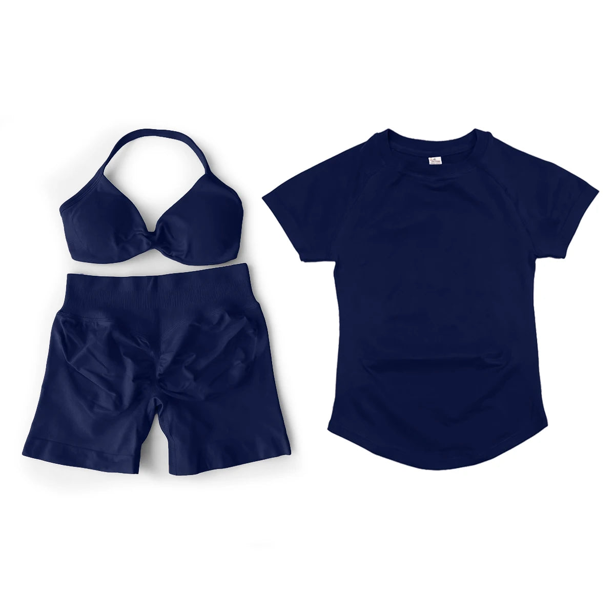 3 Pieces Gym Set Woman Seamless Short Sleeve Top & Scrunch Gym Shorts& Sport Strappy Bra Bodysuit Workout Suits Gym Clothes