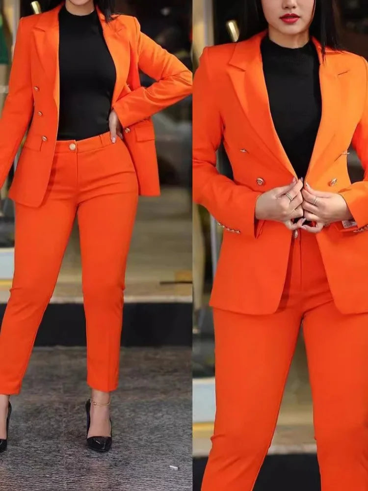 2Pcs Costume de couleur unie pour femmes + pantalon Ensemble deux pièces Slim Fit Business Fashion Double Breasted Formal Women’s Clothes Outfit
