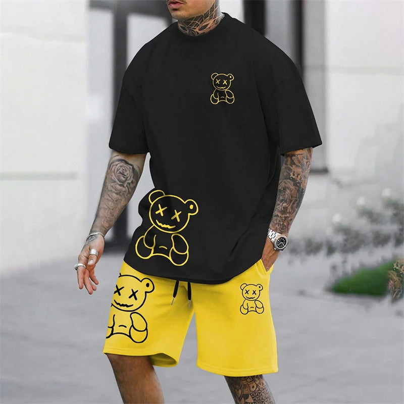 2026 Fun Bear Harajuku T-shirt Hommes Été Lâche Quotidien Couple Costume Extérieur Street Short à Manches Courtes Deux Pièces Costume D’Été Pour Hommes