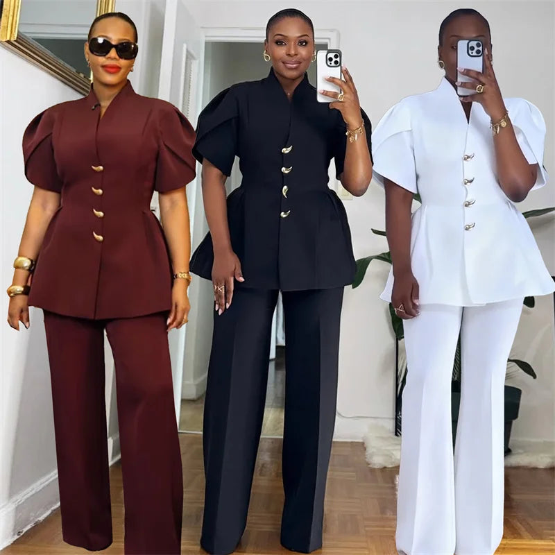 Ensemble vintage élégant en deux pièces pour femmes Ensembles assortis Office Lady à manches bouffantes à un seul boutonnage et costumes de pantalons à jambes larges