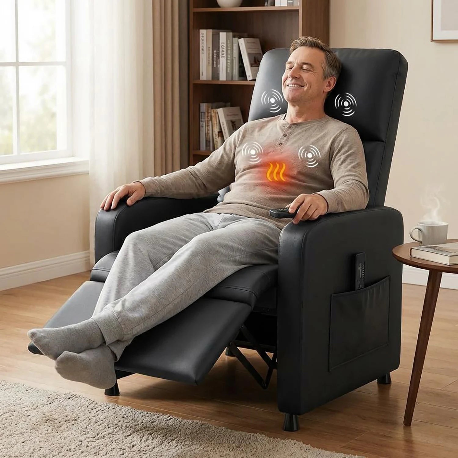 Power Recliner Chair with Heat & Massage, PU Leather Single Electric Sofa with Padd Seat & 2 Side Pockets for Living Room
