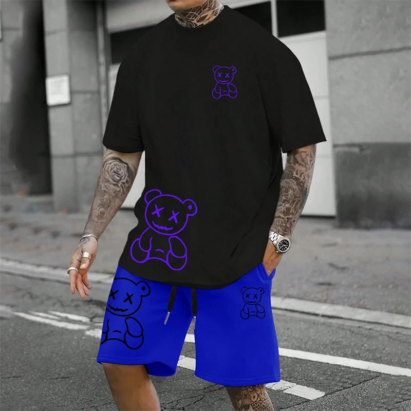 2026 Fun Bear Harajuku T-shirt Hommes Été Lâche Quotidien Couple Costume Extérieur Street Short à Manches Courtes Deux Pièces Costume D’Été Pour Hommes