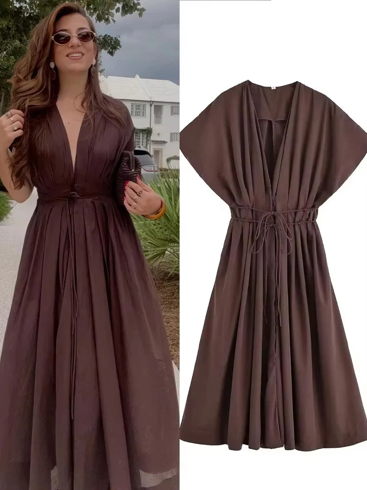 HH Femmes Nouvelle mode Col en V Plissée Épaule Robe mi-longue à manches courtes Tempérament féminin Robe longue décontractée à taille haute