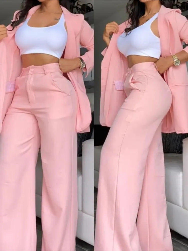 Ensembles de blazer élégant pour femmes Nouvelle mode d’automne Manteau à col claté pour femmes + pantalon design de poche Ensemble Travail Trajet Costume deux pièces