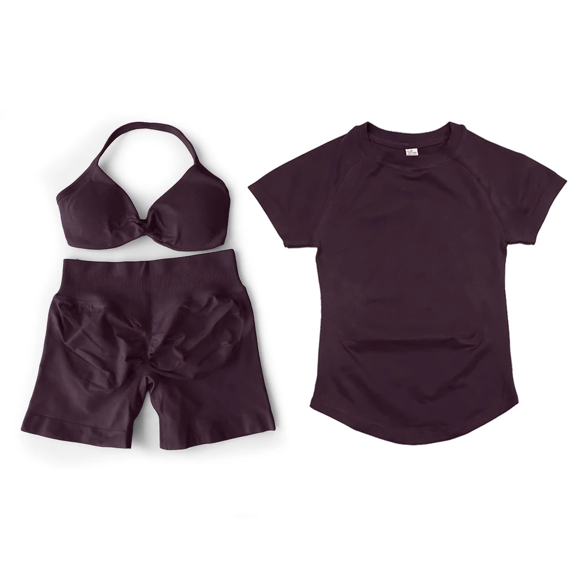 3 Pieces Gym Set Woman Seamless Short Sleeve Top & Scrunch Gym Shorts& Sport Strappy Bra Bodysuit Workout Suits Gym Clothes