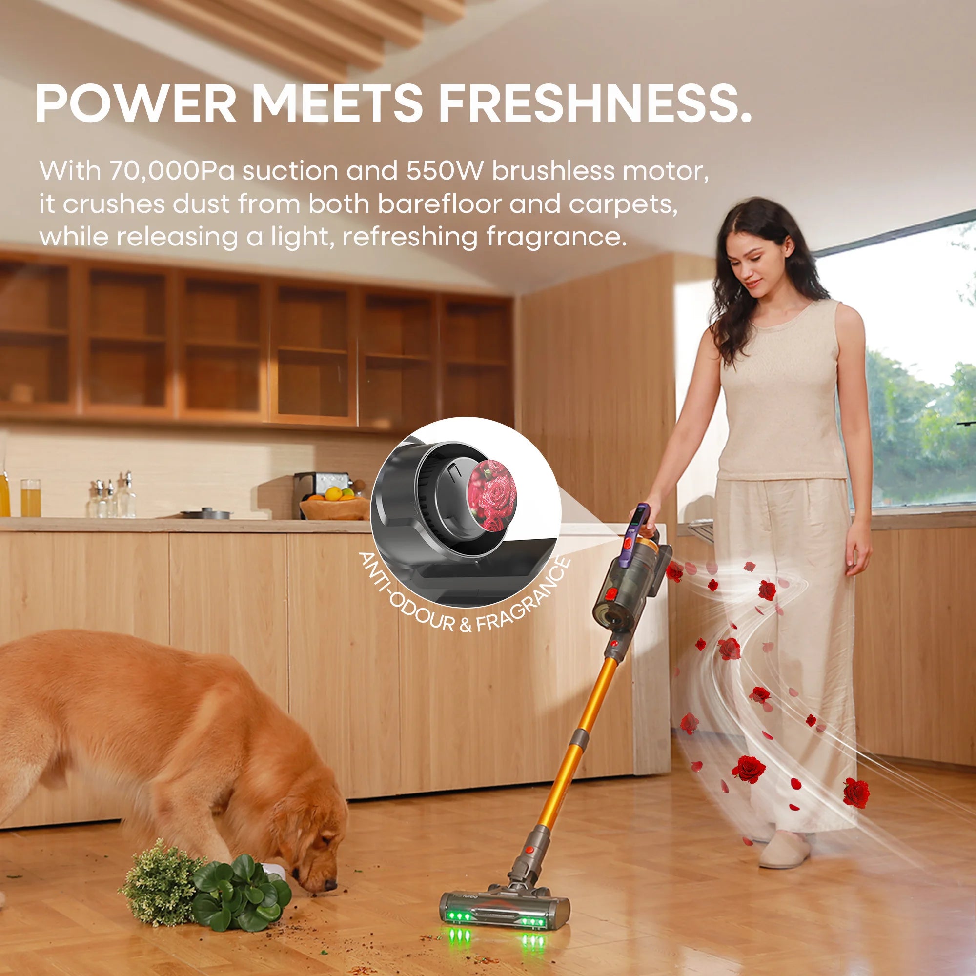 Erabros EV7 550W Moteur Aspirateur sans fil 70KPa Aspiration 70Min Temps d’exécution Base de stockage Base de stockage Stick Aspirateur avec conception aromatique