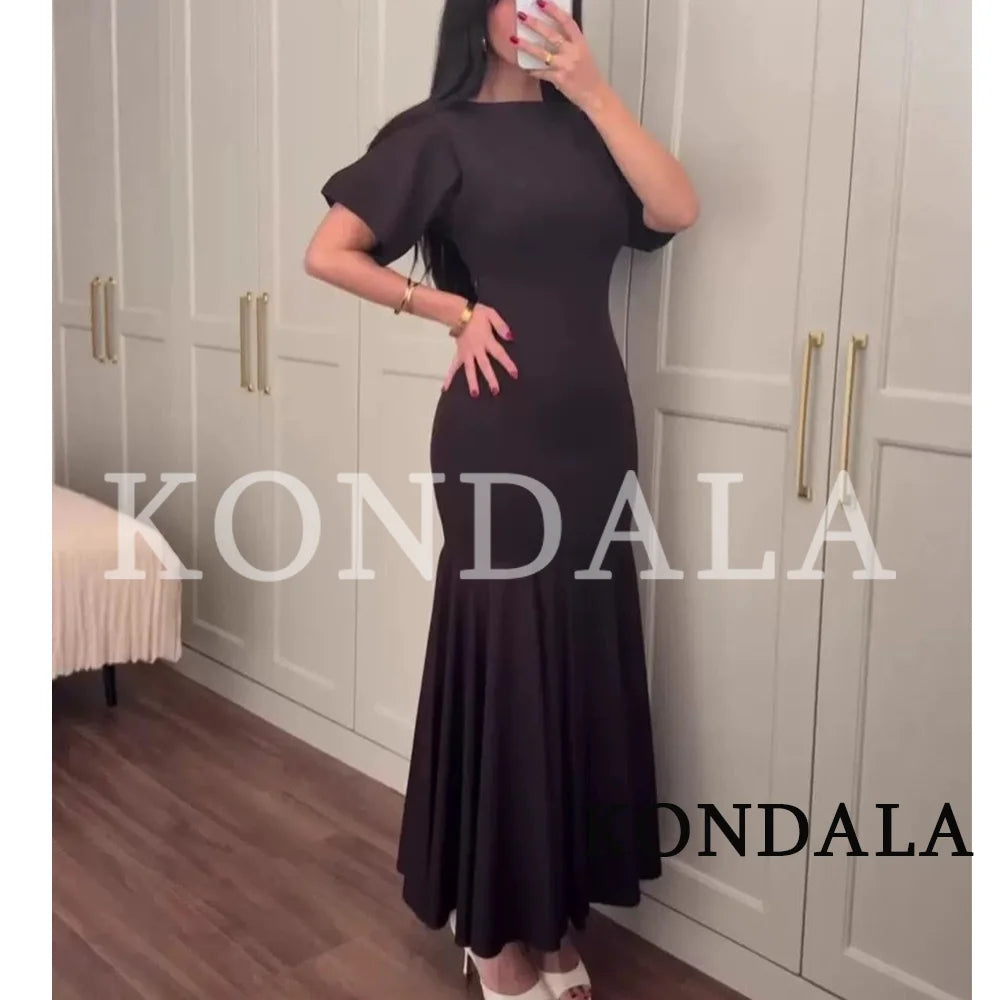KONDALA Vintage Boat Collar Long Dress Women's Elegant Casual Splicing Pleated Dress New 2026 Spring Summer Fashion Slim Dress