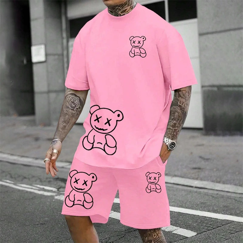 2026 Fun Bear Harajuku T-shirt Hommes Été Lâche Quotidien Couple Costume Extérieur Street Short à Manches Courtes Deux Pièces Costume D’Été Pour Hommes