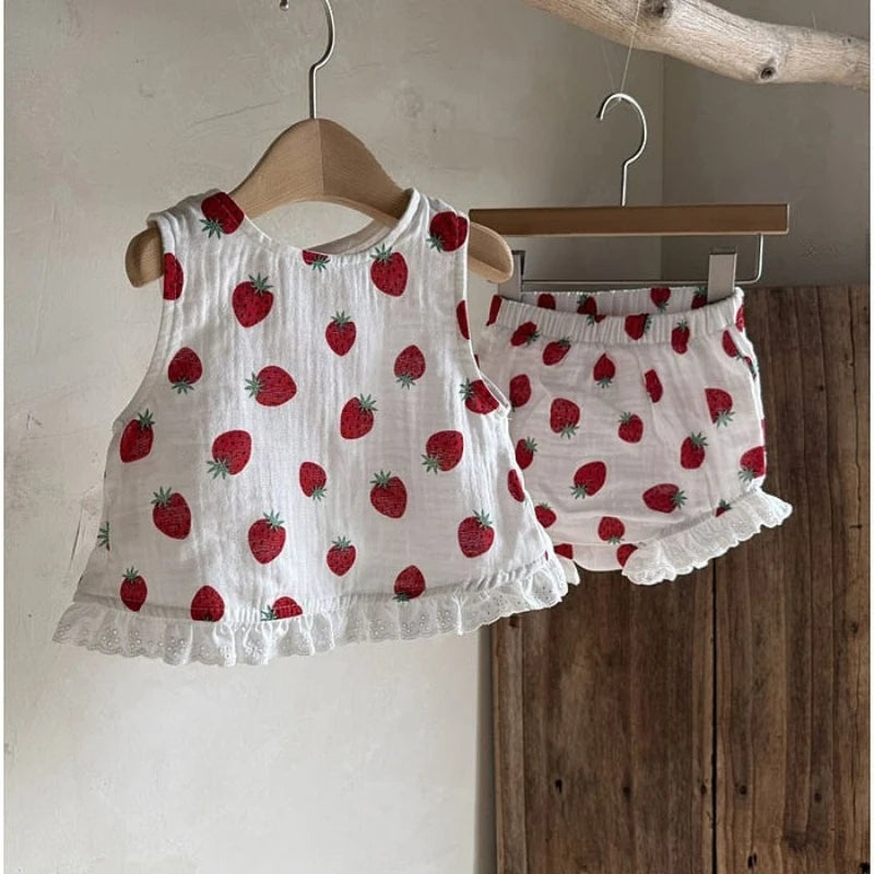 Été Bébé Fille Coton Douce Dentelle Bord Couleur Unie Fraise Gilet Grand P Shorts Ensemble Tenue Bébé