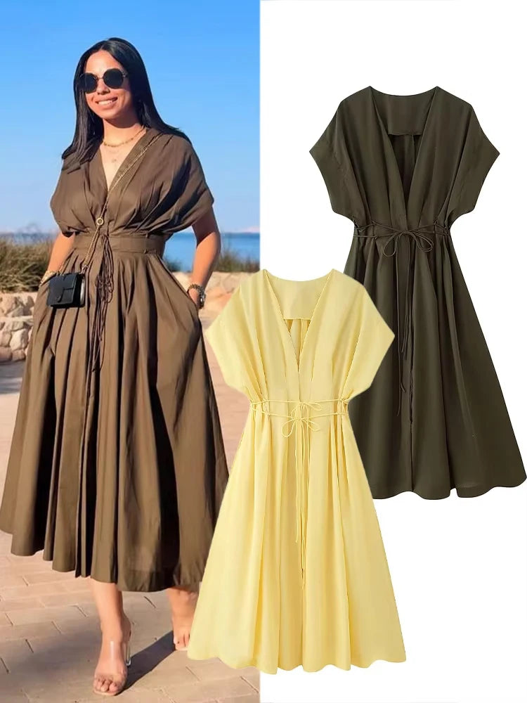 HH Femmes Nouvelle mode Col en V Plissée Épaule Robe mi-longue à manches courtes Tempérament féminin Robe longue décontractée à taille haute