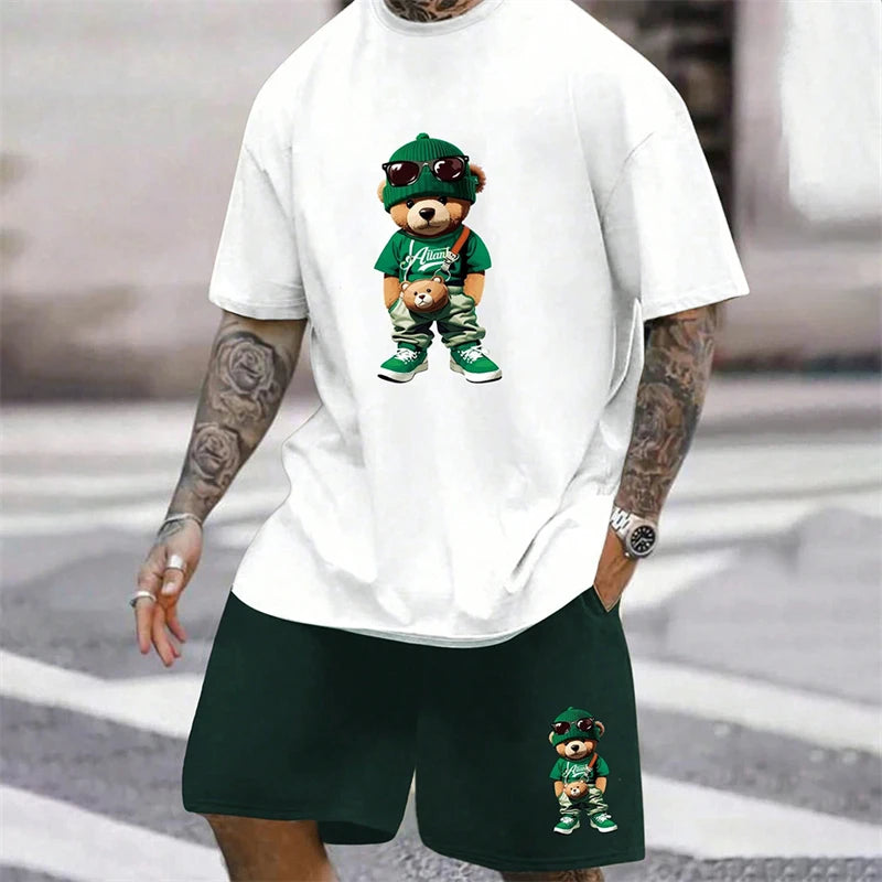 2026 Fun Bear Harajuku T-shirt Hommes Été Lâche Quotidien Couple Costume Extérieur Street Short à Manches Courtes Deux Pièces Costume D’Été Pour Hommes