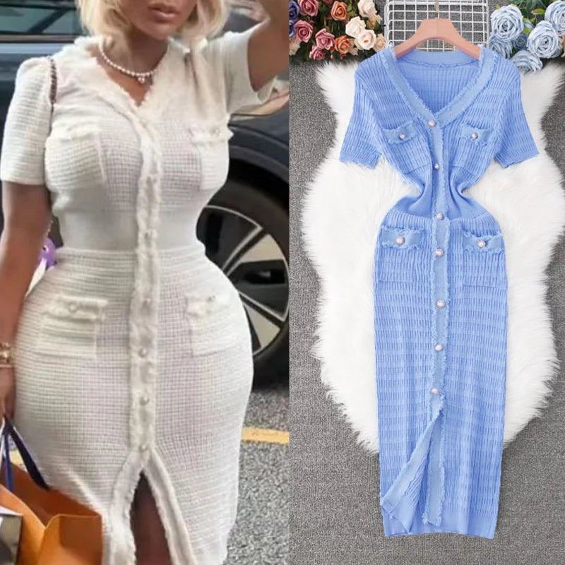 YuooMuoo 2026 Nouvelle Arrivée Femmes Tricoté Longue Robe Élégante Col En V Simple Brein Fendu Pull Robe Bureau Dame Vestidos
