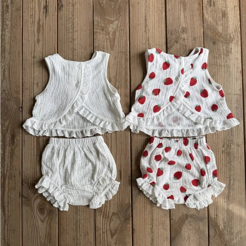 Été Bébé Fille Coton Douce Dentelle Bord Couleur Unie Fraise Gilet Grand P Shorts Ensemble Tenue Bébé