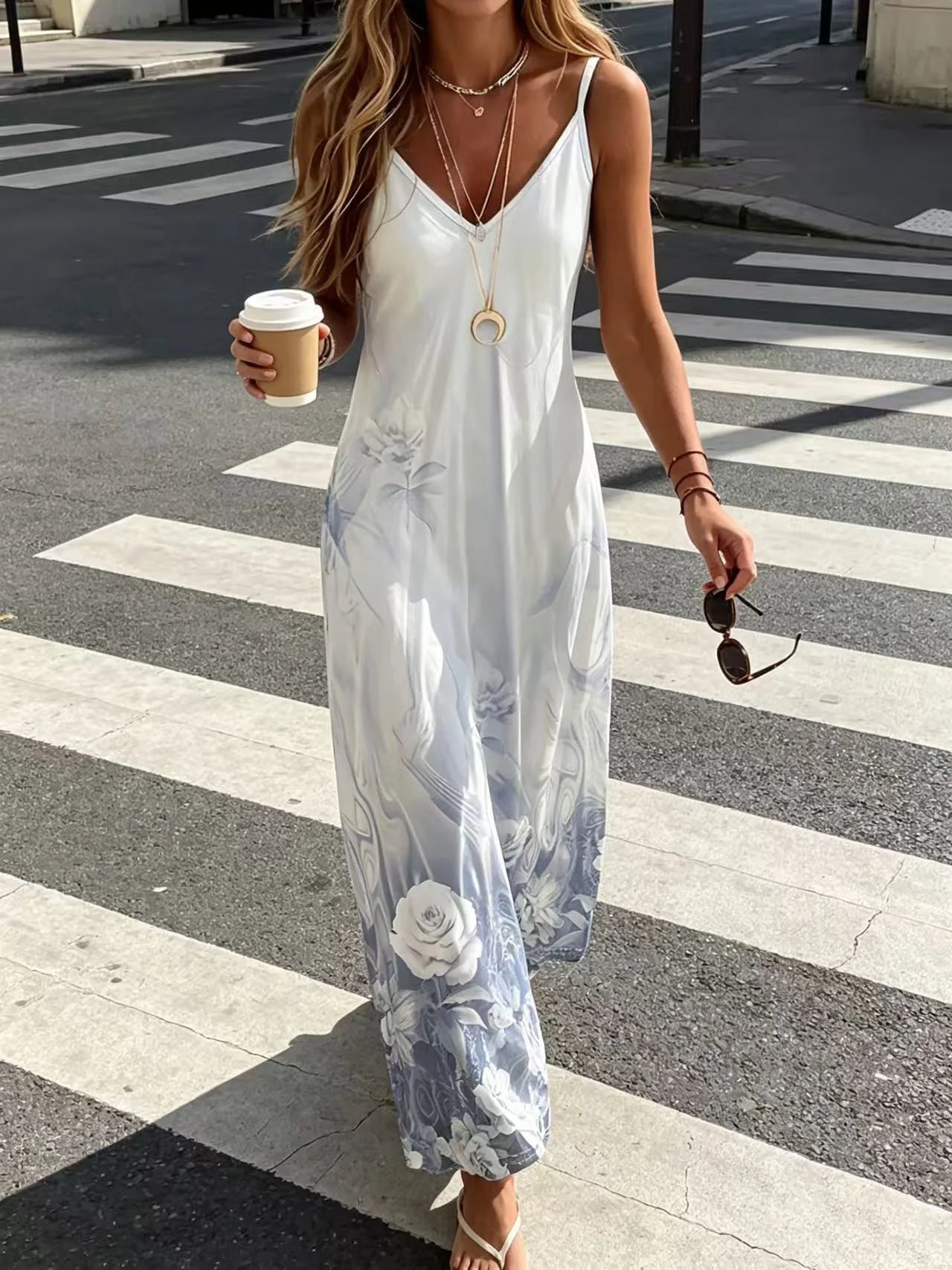 Robe élégante à bretelles à col en V à imprimé floral pour femmes, adaptée aux vêtements décontractés de tous les jours, aux vacances, aux fêtes et au shopping