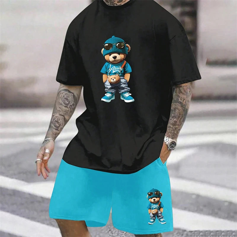 2026 Fun Bear Harajuku T-shirt Hommes Été Lâche Quotidien Couple Costume Extérieur Street Short à Manches Courtes Deux Pièces Costume D’Été Pour Hommes