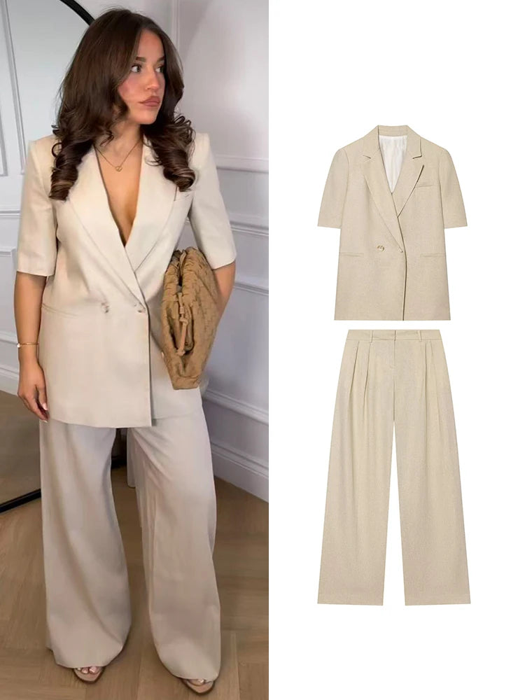 2026 Veste blazer pour femmes Costume Élégant à manches courtes à double boutonnage Vestes ajustées Pantalon droit Ensemble de navetteur pour femme