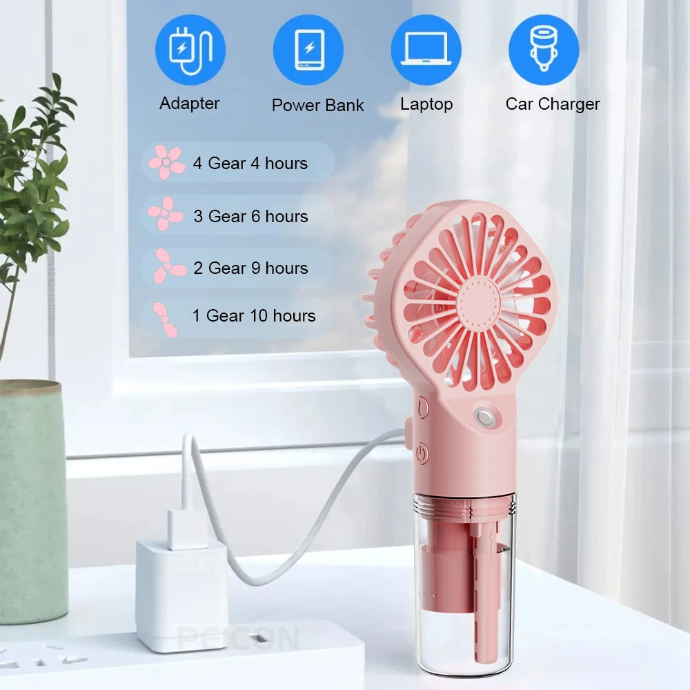 Ventilateur de pulvérisation portable portable Mini ventilateur d’humidificateur 4 vitesses Vent puissant USB Ventilateur de brouillard d’eau rechargeable Petit ventilateur d’extérieur