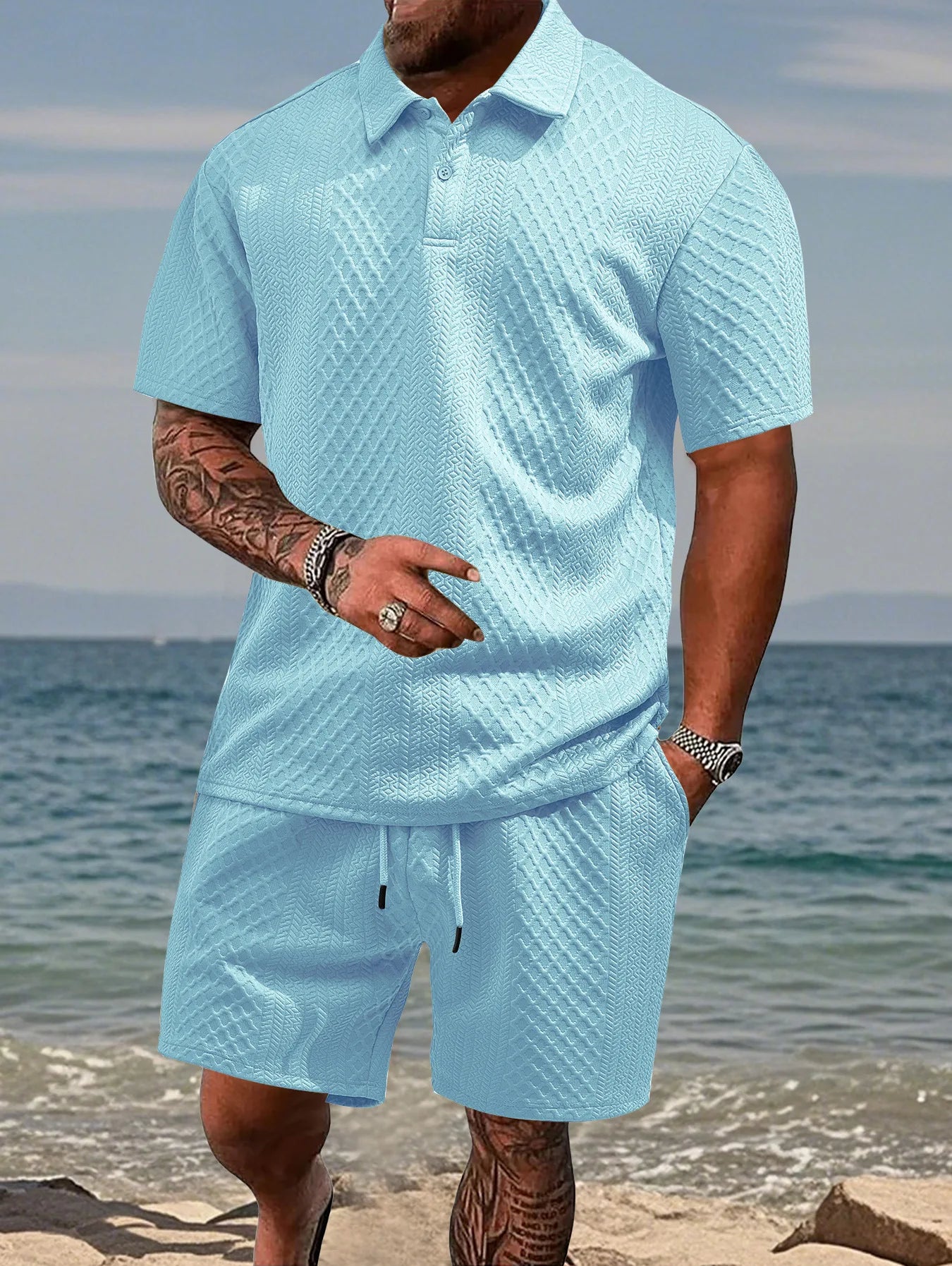 2025 Été Nouveau Décontracté Pour Hommes Avec Un Revers, Chemise Et Short À Manches Courtes Pour Hommes, Costume En Texture Jacquard