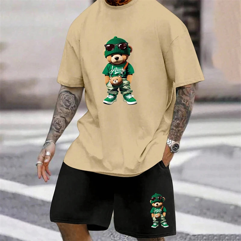2026 Fun Bear Harajuku T-shirt Hommes Été Lâche Quotidien Couple Costume Extérieur Street Short à Manches Courtes Deux Pièces Costume D’Été Pour Hommes