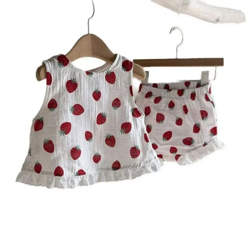 Été Bébé Fille Coton Douce Dentelle Bord Couleur Unie Fraise Gilet Grand P Shorts Ensemble Tenue Bébé
