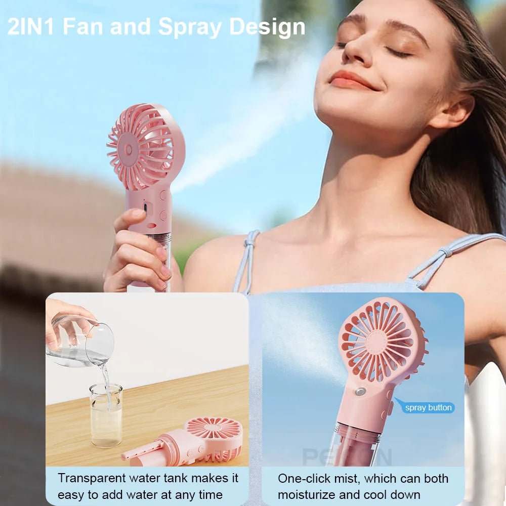 Ventilateur de pulvérisation portable portable Mini ventilateur d’humidificateur 4 vitesses Vent puissant USB Ventilateur de brouillard d’eau rechargeable Petit ventilateur d’extérieur