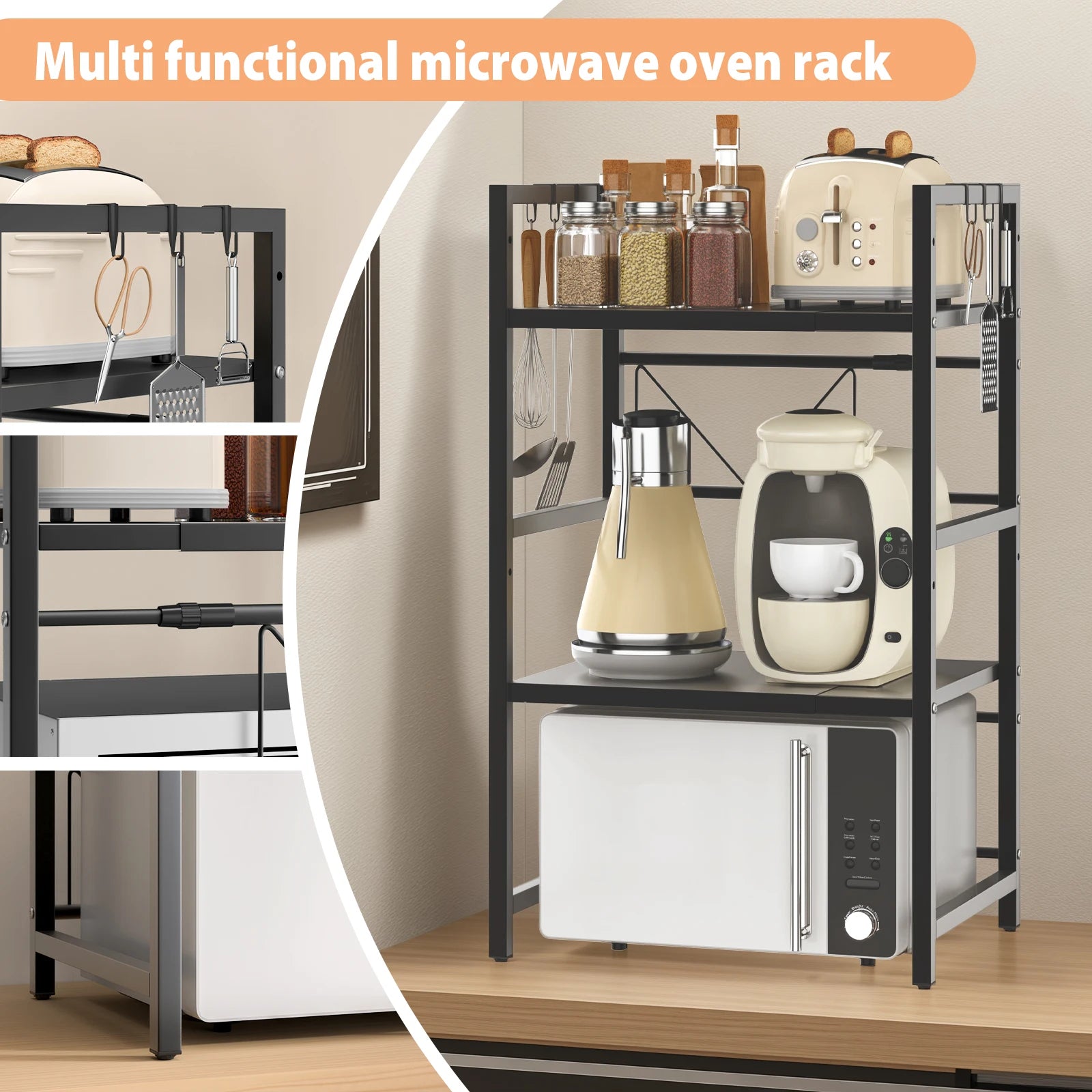 VickyHome Carbon Steel Thickened Retractable Kitchen Shelf Microwave Rack Oven Rack Rice Cooker Rack Storage Household 2/3 Layer